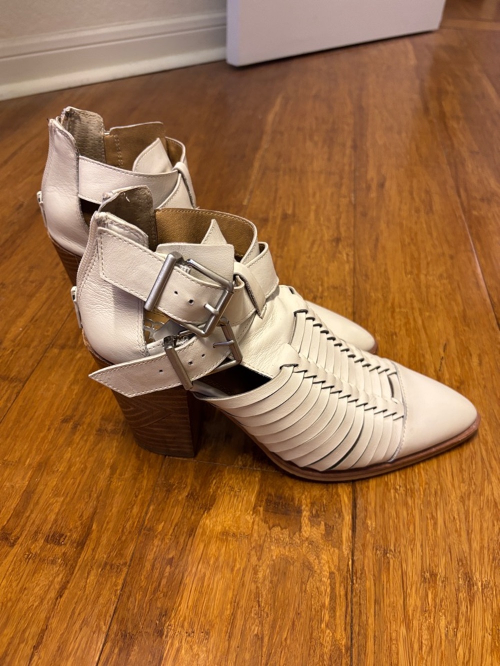 Women's Gianni Bini Cream Strappy Cutout Heeled Ankle Boots